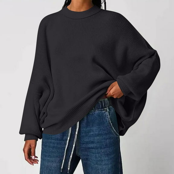 Zedker Women'S Solid Color Casual Loose Crewneck Long Sleeve Ribber Knitted Sweaters, Comfy Breathable Elastic Cuffs Pullover Fall Tops,Black,L