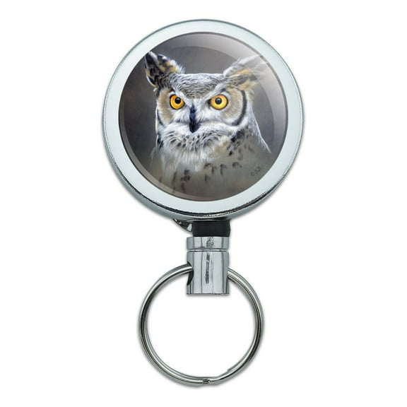 Great Horned Owl Painting Heavy Duty Metal Retractable Reel ID Badge Key Card Tag Holder with Belt Clip