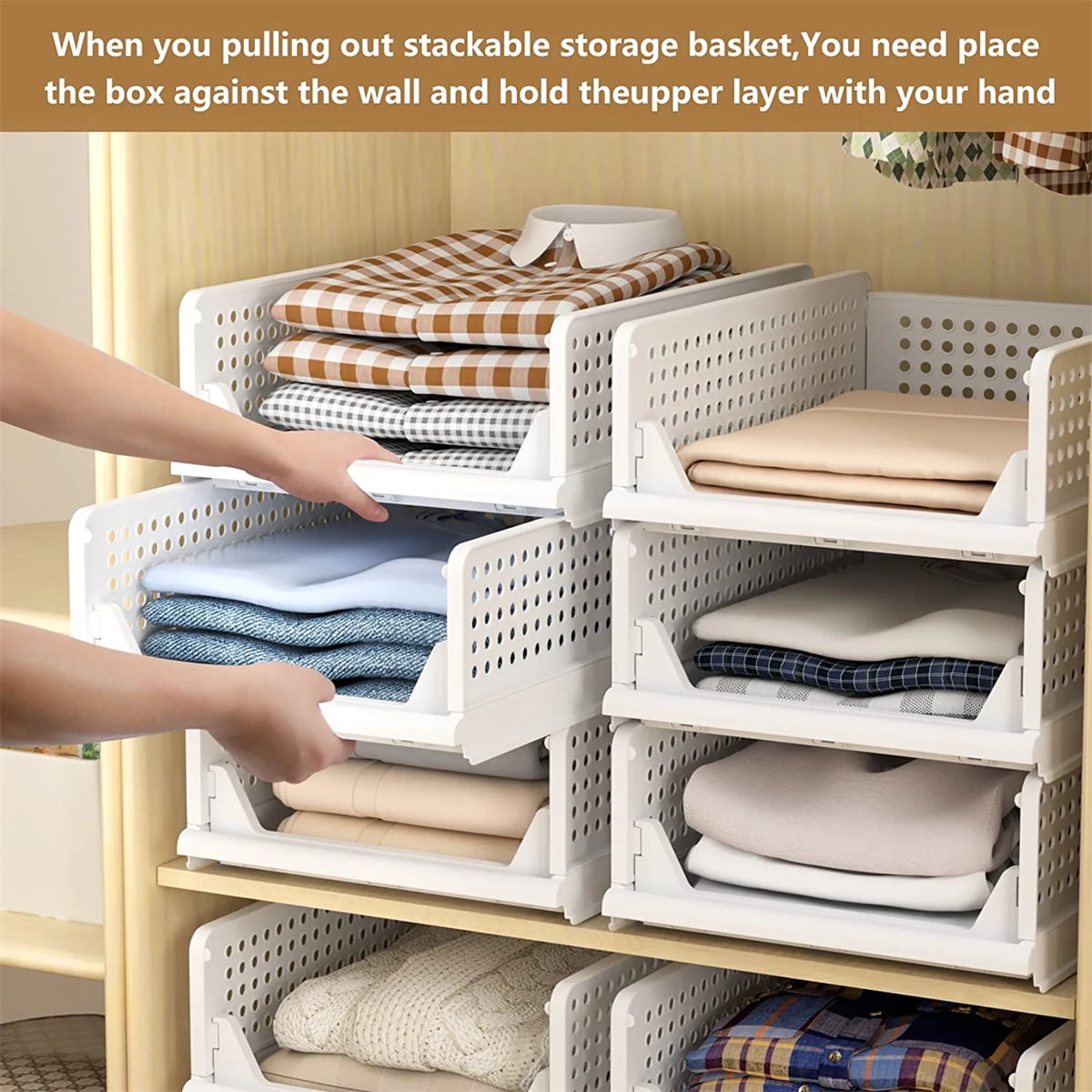 Folding Closet Organizers Storage Box, Stackable Plastic Drawer Basket  Clothi B5
