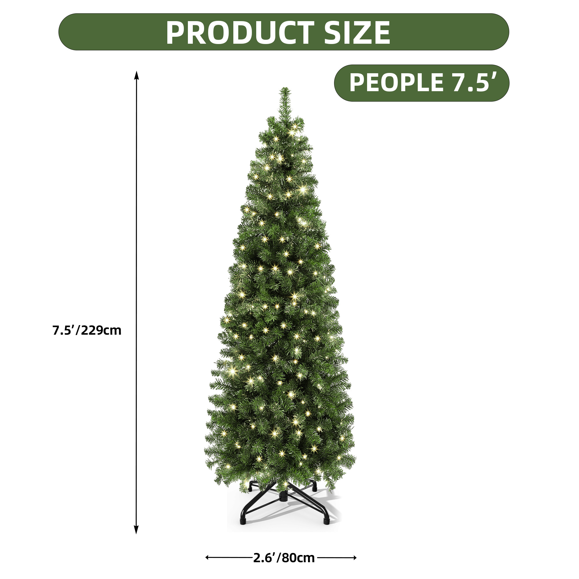 Uforic 7.5 Ft Prelit Pencil Artificial Christmas Tree 350 LED photo 3
