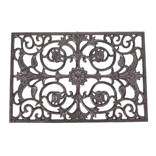 Sungmor Tapete Decorativo de Hierro Fundido con diseño vintage de arabesco. Tapete de entrada exterior antideslizante y resistente al clima para porche, patio o jardín. Acabado negro rústico.
