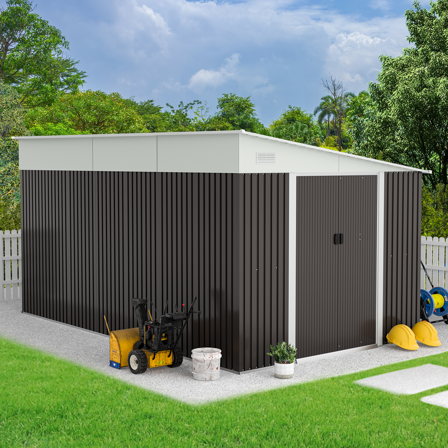 9x11 FT Outdoor Metal Storage Shed, Steel Garden Shed with Air Vent and