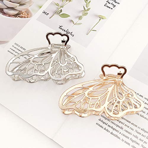 2 PACK Metal Hair Claw Clips for Women,Large Butterfly Hair Clip Hair Claw  Banana Clips Barrette Claw Clamp Hair Jaw Clips for Girls and Women (Silver  