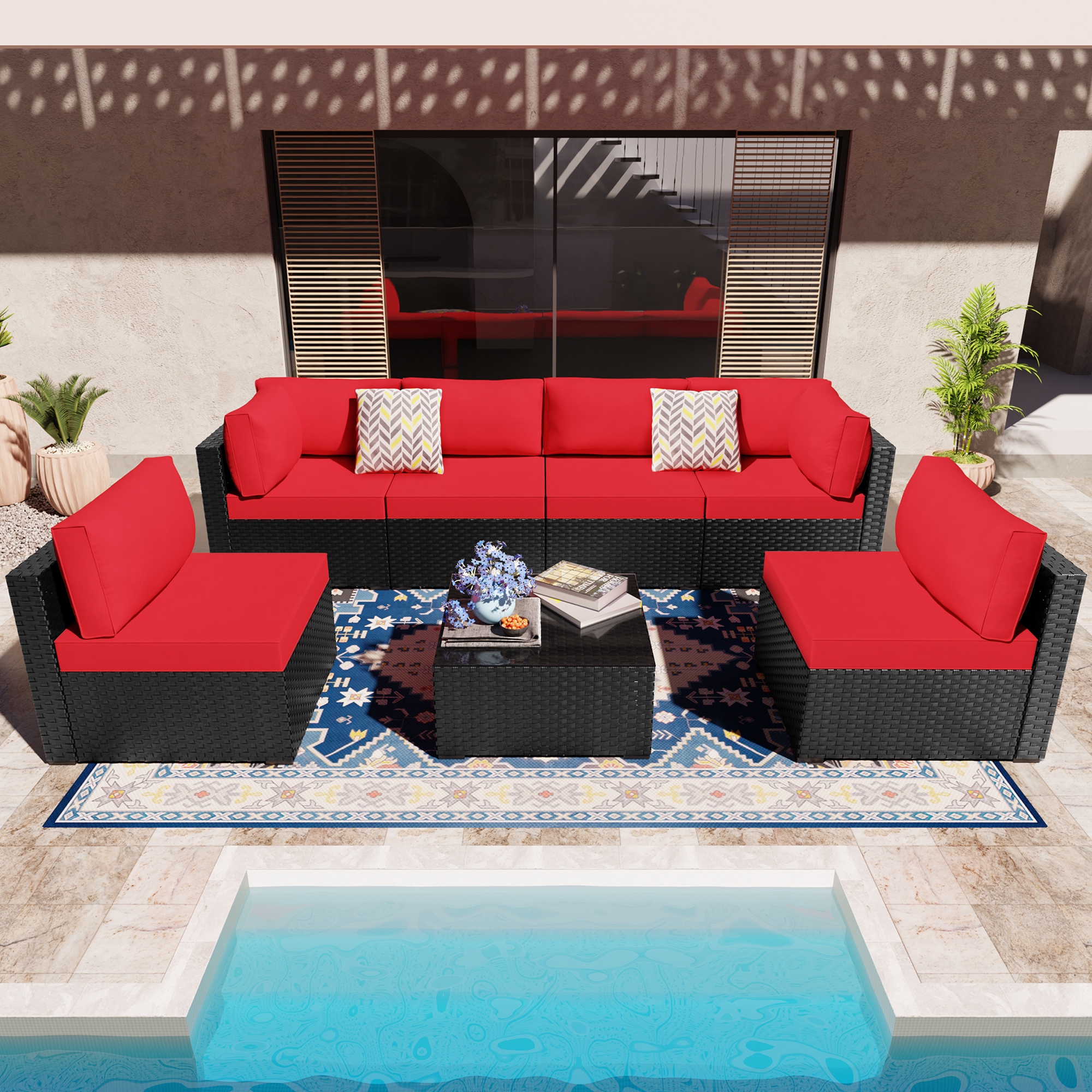 Walsunny 7 Pieces Patio Outdoor Sectional Sofa Furniture Sets, AllWeather Black Wicker Rattan