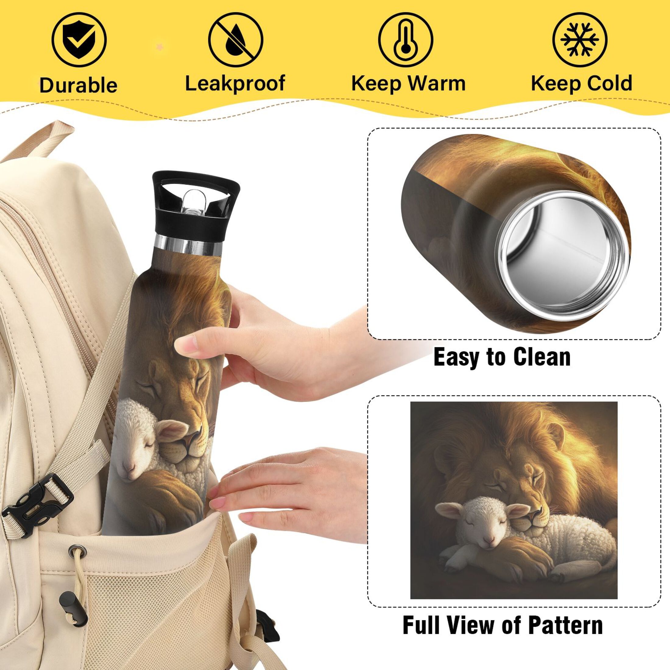 600ML Stainless Steel Insulated Cup Sports Water Bottle Portable Thermos Cup Water Glasses Insulated Tumblers Convenient and Durable Lion Sheep