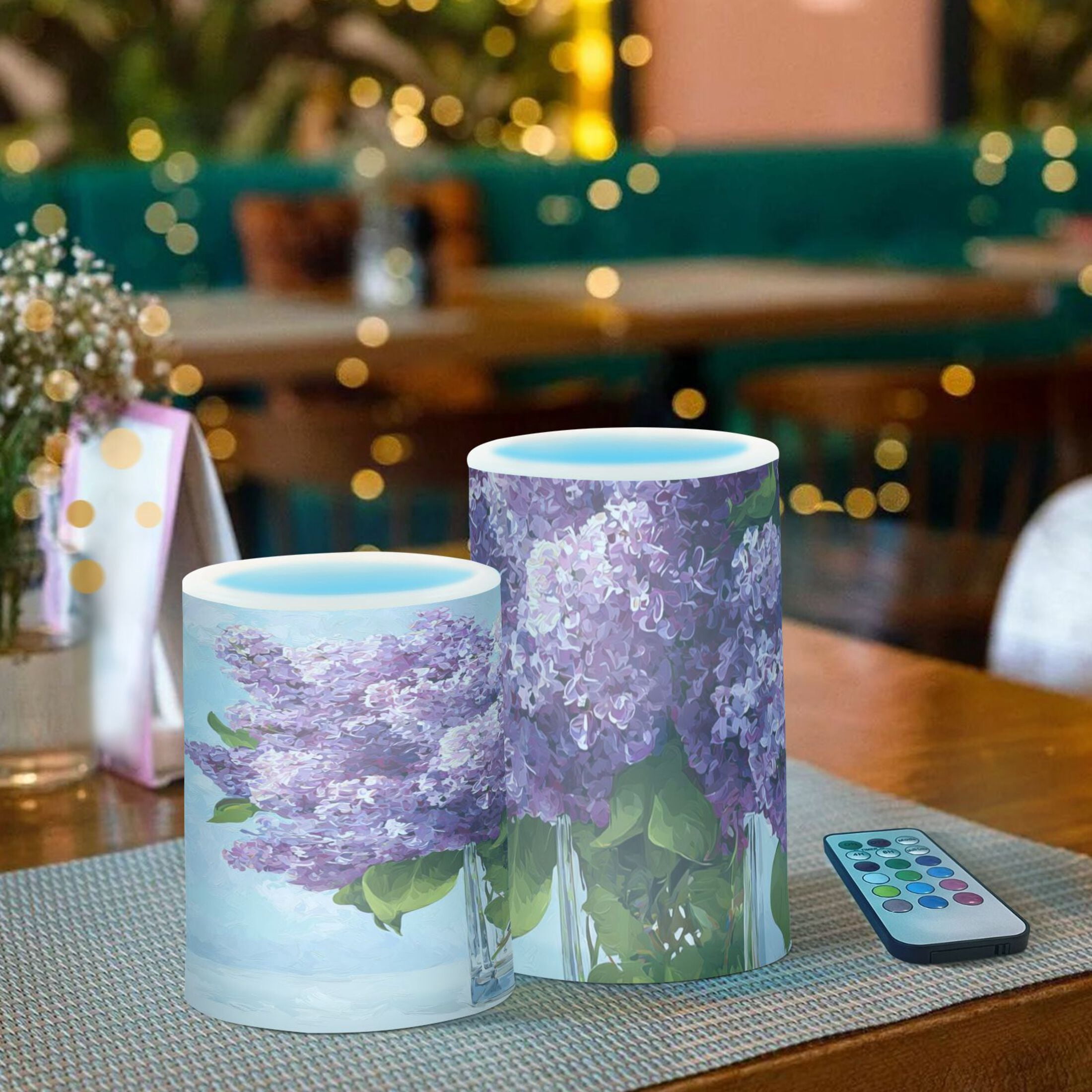 Large Bouquet Of Lilac in Glass Vase Flickering Flameless Candles Battery Operated with Remote Timer LED Pillar Candles Set of 2