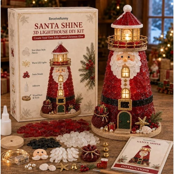 New DIY Lighted Christmas Character Sea Glass Style Lighthouse Kit Collection for Relaxing Screen-Free Weekend Craft Project (Santa Shine)
