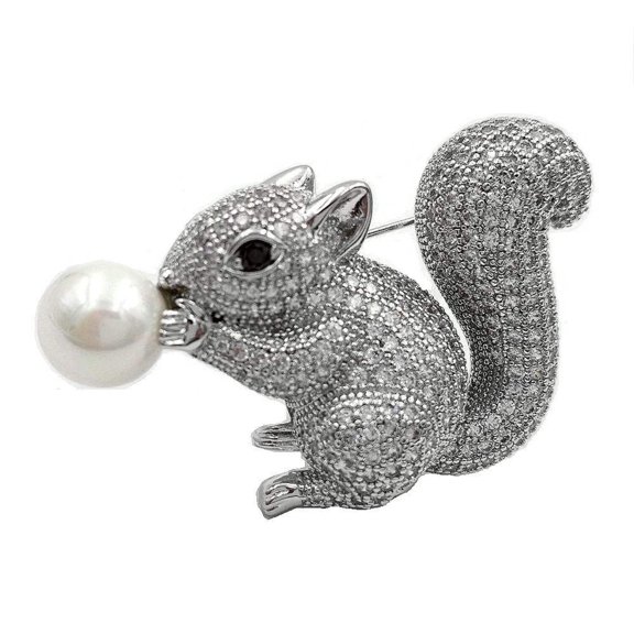Jewelblings Cute Pearl Nut Brown Eyes CZ Squirrel Brooches Pins