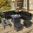 thumbnail image 3 of Topbuy 9PCS Outdoor Patio Furniture Set with 30" Propane Fire Pit Table PE Wicker Space-Saving Sectional Sofa Set w/ Storage Box & Black Cushions, 3 of 10
