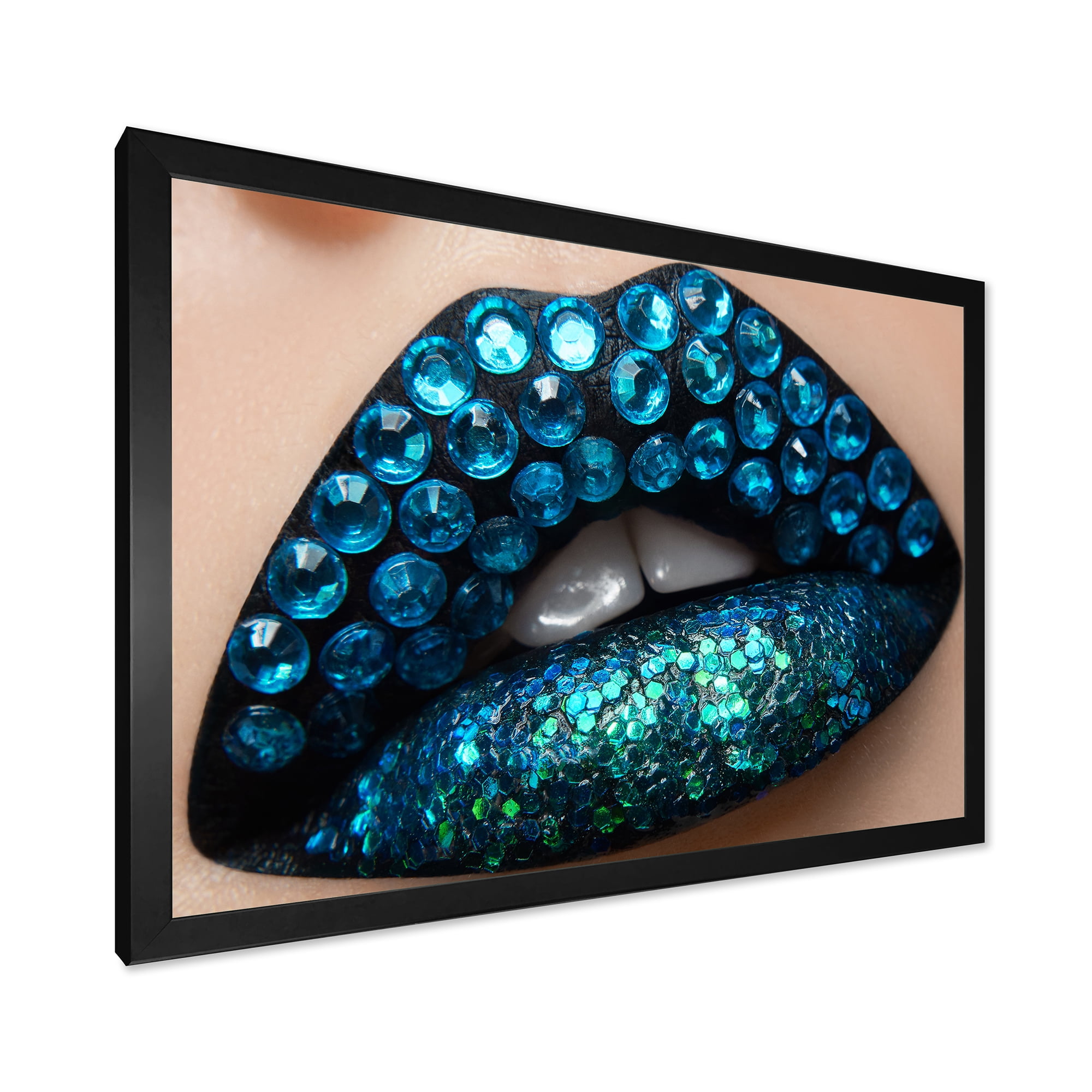Designart 'Woman Lips With Black Lipstick Blue Diamonds' Modern Framed Art Print