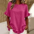 thumbnail image 2 of VBVC Women's Cotton Blend Ruffle Trim Blouse, Ladies' Lightweight Short Sleeve Top, Casual Crew Neck Shirt For Women,Hot Pink,S-2XL, 2 of 6