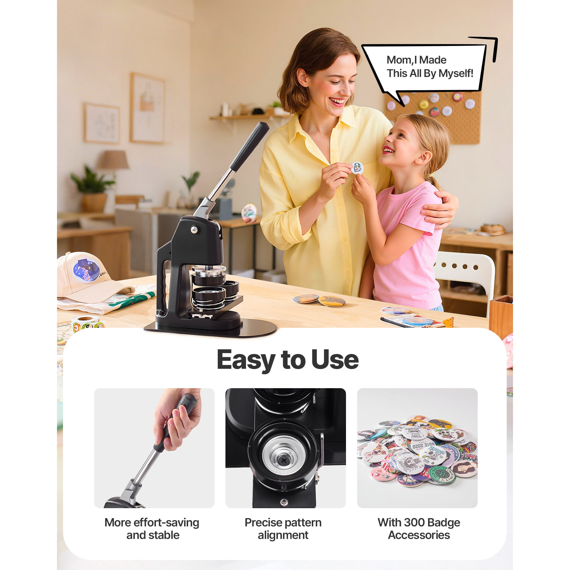 KFFKFF 3-in-1 Button Maker Machine, 1.26/2.28/2.95 inch,Plastic Pin Press with 300 Button Components, Circle Cutter, and DIY Guidebook,Sturdy Ergonomic Handle, Ideal for Custom Badges and Pins, Black