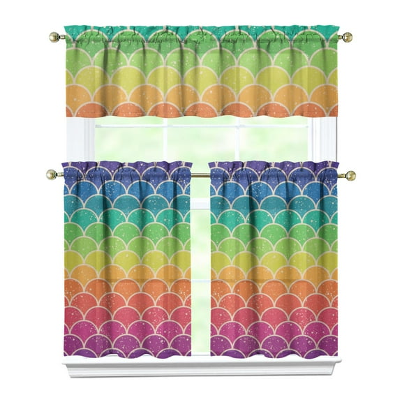 Kitchen Curtains 36 Inch Short - 3 Panel Set, Mermaid Ocean Underwater Coral Design, Rod Pocket Window Curtain, 100% Polyester, Easy Wash for Farmhouse, Nautical Kitchen, Bathroom