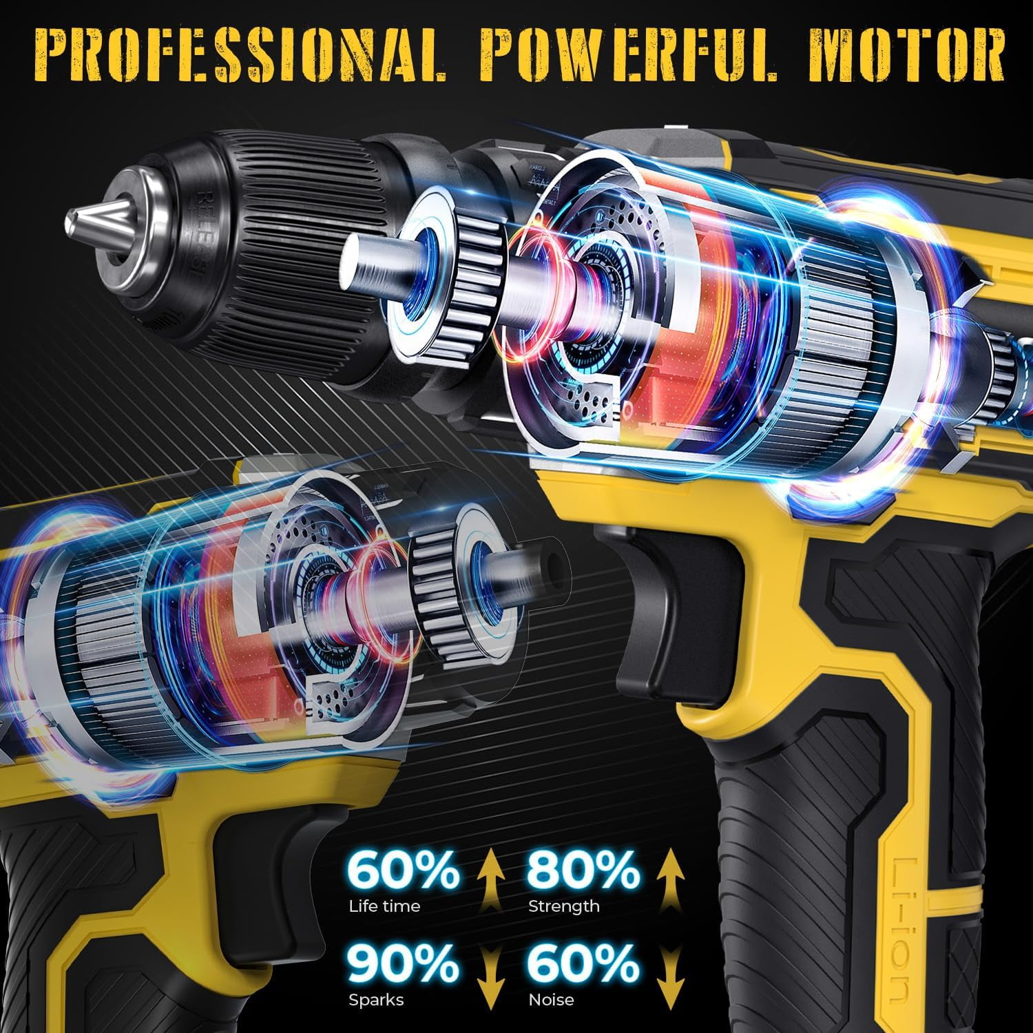 21V  Cordless Electric Drill Set, 3/8 Keyless Chuck Power Drill 17+1 Torque, 2 Variable Speed, Built-In LED, Versatile Hand Drills for Wood Drilling/Screw Removal