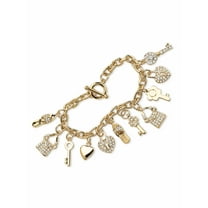 PalmBeach Jewelry Round Crystal Yellow Gold-Plated Shoe, Purse, Heart Lock and Key Charm Bracelet 7 1/2"