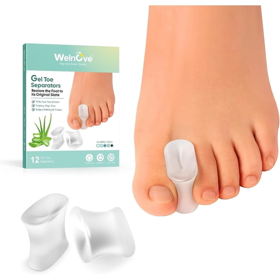 Welnove Gel Toe Separators - 12 Pack Bunion Pads & Toe Spacers for Straightening Overlapping Toes, Men & Women, Transparent
