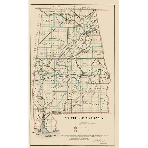 Historic State Map - Alabama - GLO 1866 - Vintage Wall Art