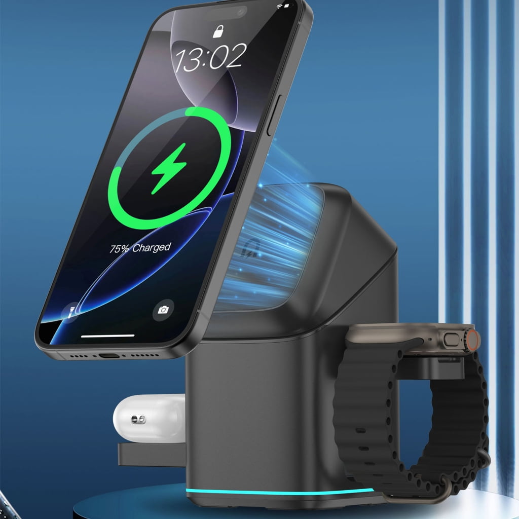Magnetic 15W Fast Wireless Charging Rotating Metal Stand Station For Multiple Devices Phone Earphone Smartwatch Charging