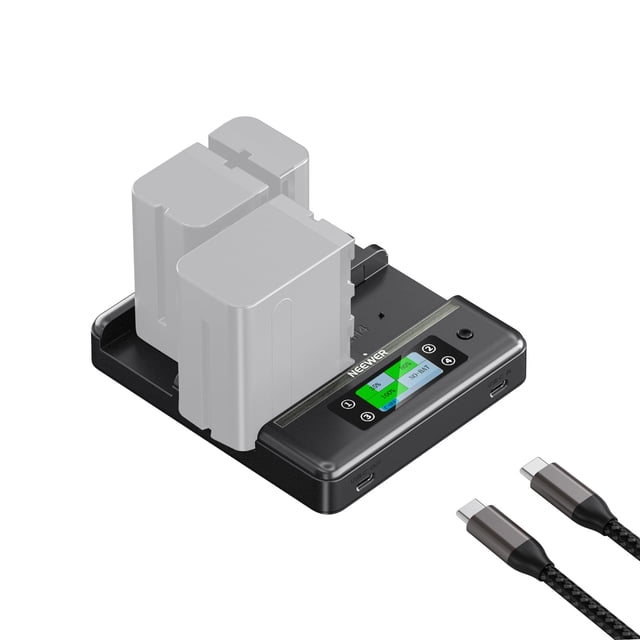 Cargador Neewer NP-F970 de 4 canales con carga rápida PD de 100 W y pantalla OLED