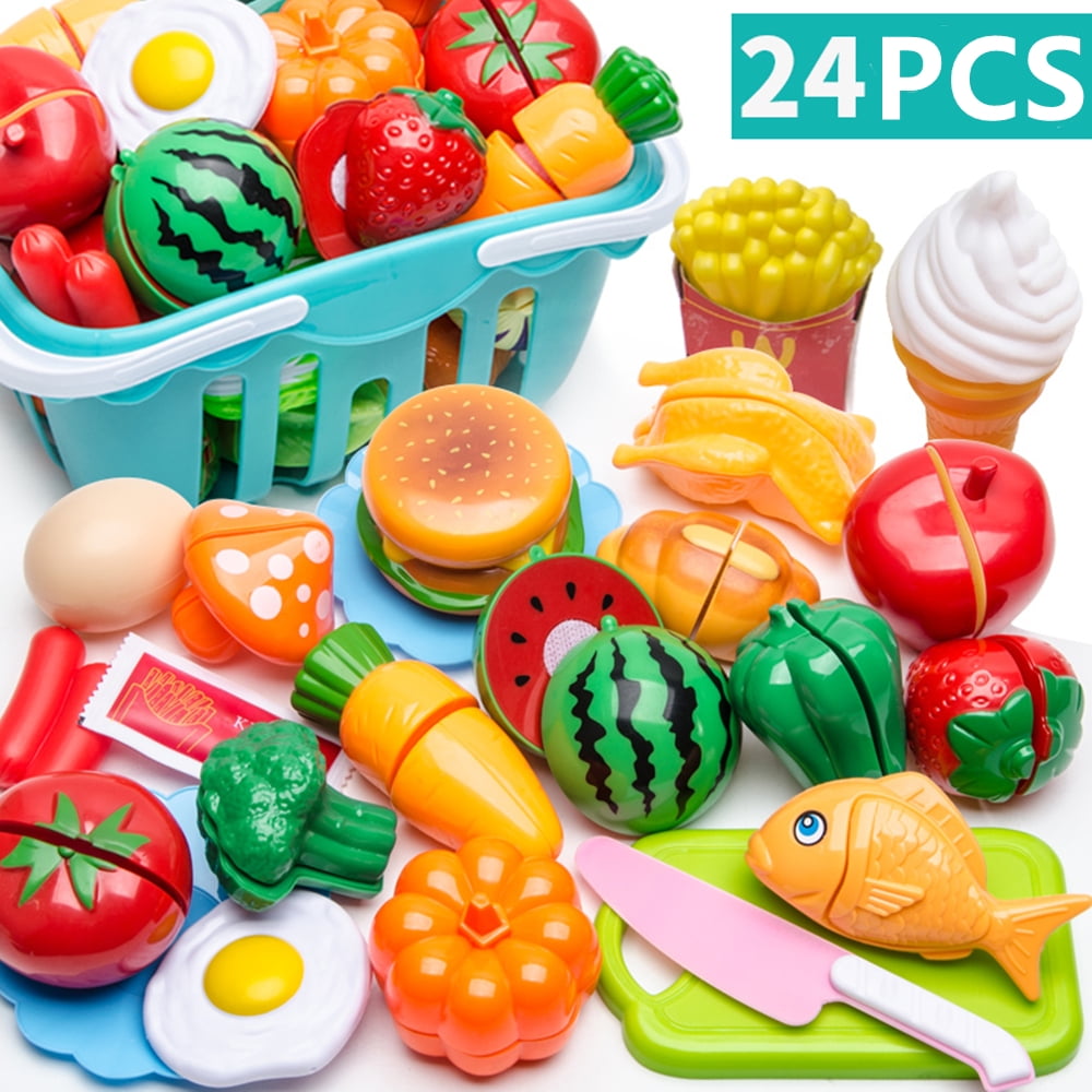 Cutting Pretend Play Food Toys for Kids Kitchen Set Playset Accessories BPA Free Peel & Cut Toy Food Fruits and Vegetables Toys, Christmas Birthday Gift for Toddlers Girls Boys Kids Storage Basket