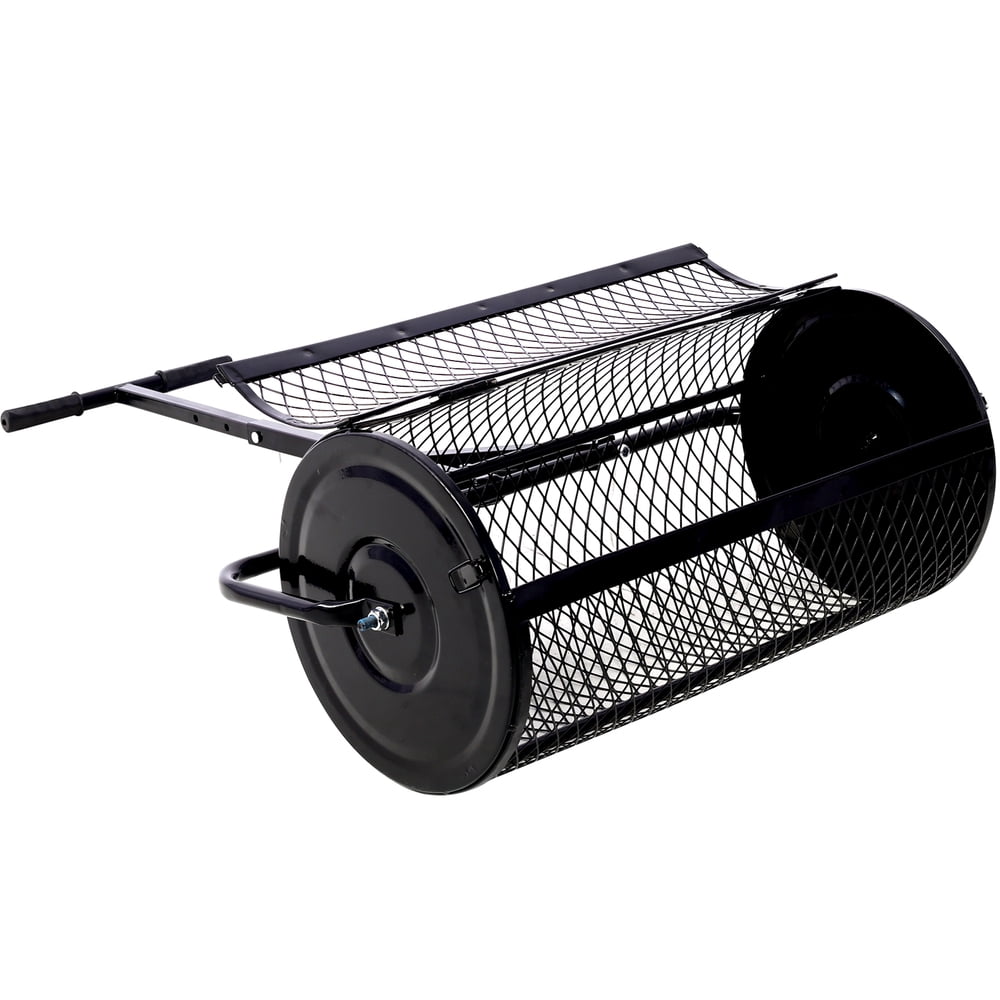 24 Inch Peat Moss Spreader, Black Metal Mesh Compost Spreader with T‑Shaped Handle, Heavy Duty Lawn & Garden Manure Roller