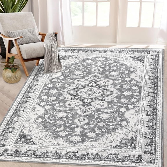 10x13 Ft Area Rug for Living Room Washable Non-Slip Low Pile Vintage Print Gray
