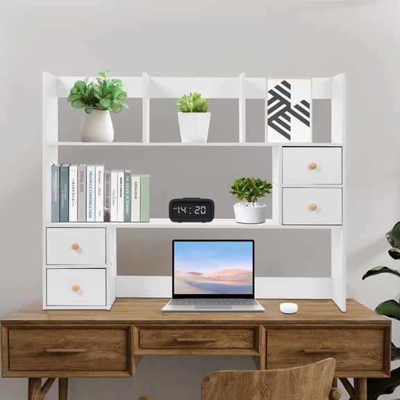 Peakora Three-Tier Minimalist Modern Desktop Organizer with Four Drawer Elegant White Multi-level Tabletop Storage Rack Office Storage Shelving Unit