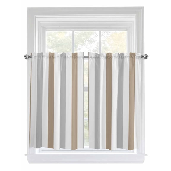 Brown Grey Stripe Tier Curtains 45 Inches Long, Modern Farmhouse Vertical Striped Window Treatment Curtain Drapes, Small Curtain Drapes for Bathroom Laundry Room, 27.5"x45", 2 Panels