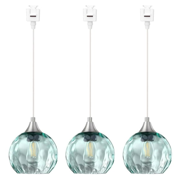 Kiven J-Type track lighting pendants,Modern J track pendant lights with Green Glass Globe,Decorative Track Lighting Fixture for Kitchen Hallway Restaurant Shop(3-Light)