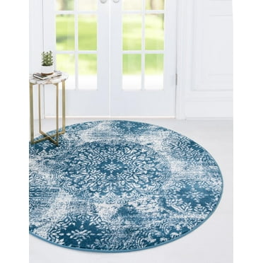 Rugs.com Monte Carlo Collection Rug – 7' Round Blue Medium Rug Perfect For Kitchens, Dining Rooms