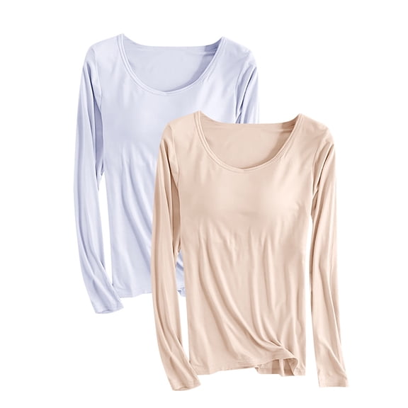 Wancir 2PC Women's Household Clothes with Chest Pads Long Sleeved Pajama T-Shirt Comfortable Base for External Wear Round Neck Tops