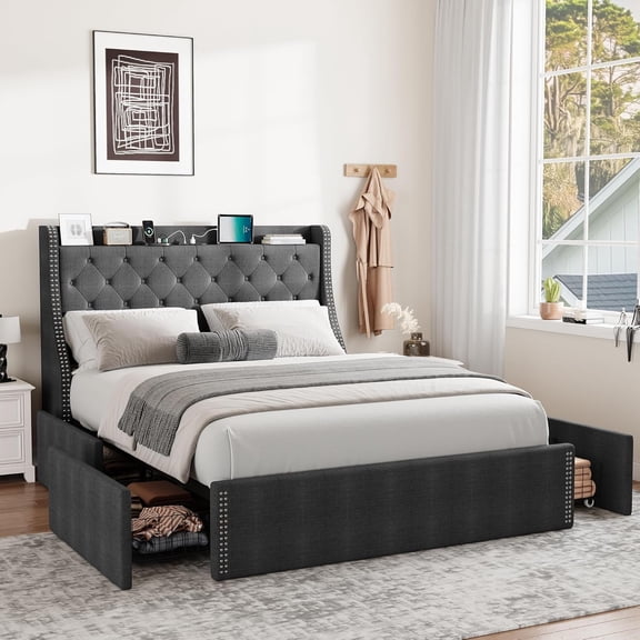 2Pcs Set Upholstered Queen Size Bed Frame with 4 Storage Drawers & Wingback Headboard, USB/Type-C Charging Station, Diamond Tufted Design, Wooden Slats Support, No Box Spring Needed, Easy Assembly