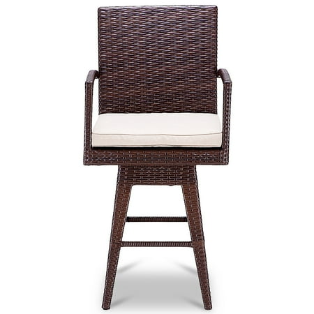 Ghp Wicker Rattan Swivel Bar Stool Chair With Beige Staple Fiber Ghp Wicker Rattan Swivel Bar Stool Chair With Beige Staple Fiber Cloth Cover Cushion