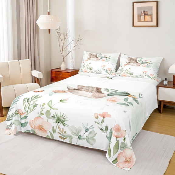 Feelyou Rustic Wildlife Duck Full Size Sheets, Cartoon Spring Flower Plant Bed Sheets, Cute Animal Sheet Sets, Breathable Home Decor, 4-Piece