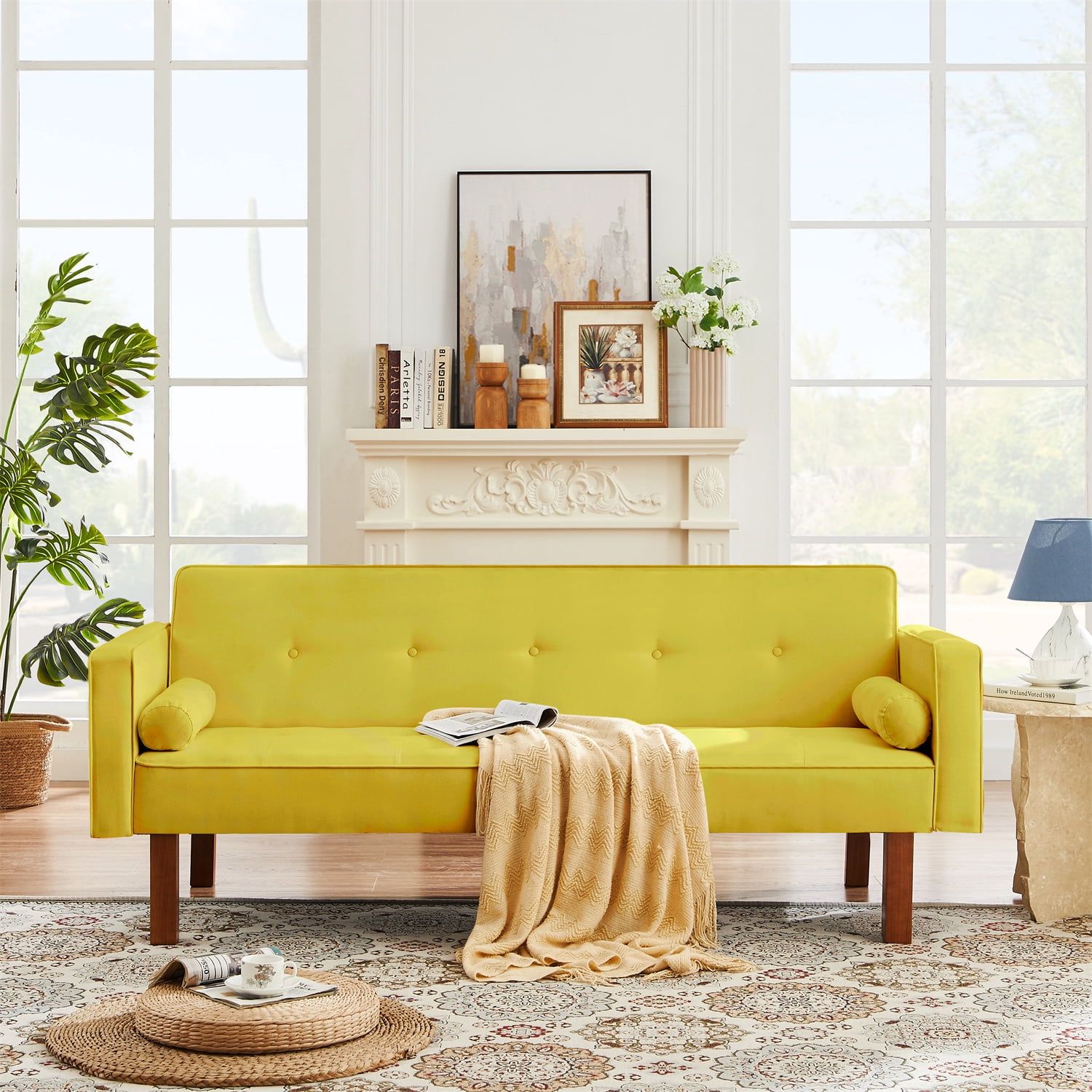 Futon Sofa Bed Convertible Couch Bed with Armrests and Solid Wood Legs ...