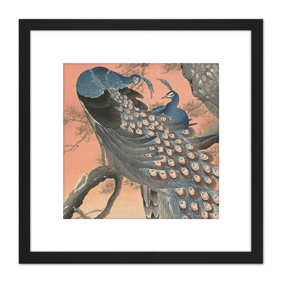Ohara Koson Two Peacocks On Tree Branch Painting 8X8 Inch Square Wooden Framed Wall Art Print Picture with Mount