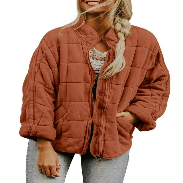 Women Stand Collar Quilted Jackets Long Sleeve Solid Color Full Zip Padded Jackets