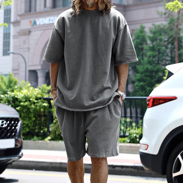 2024 European and American Foreign Trade Amazon plus size Casual Men‘s Suit Loose Short Sleeve Men‘s T Spring and Summer Shorts Solid Color Men‘s Wear