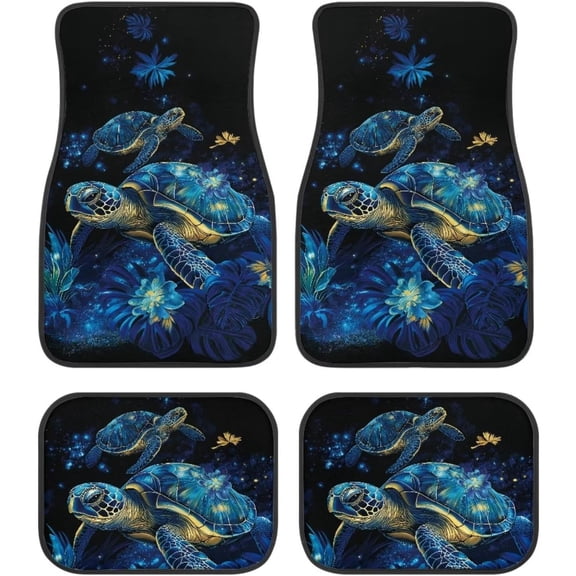 Set of 4 Car Floor Mats, Featuring Sea Turtle Design, Non-Slip Auto Carpet, Includes 4 Interior Foot Pads That Are Anti-Slip Cushions for Automotive Use
