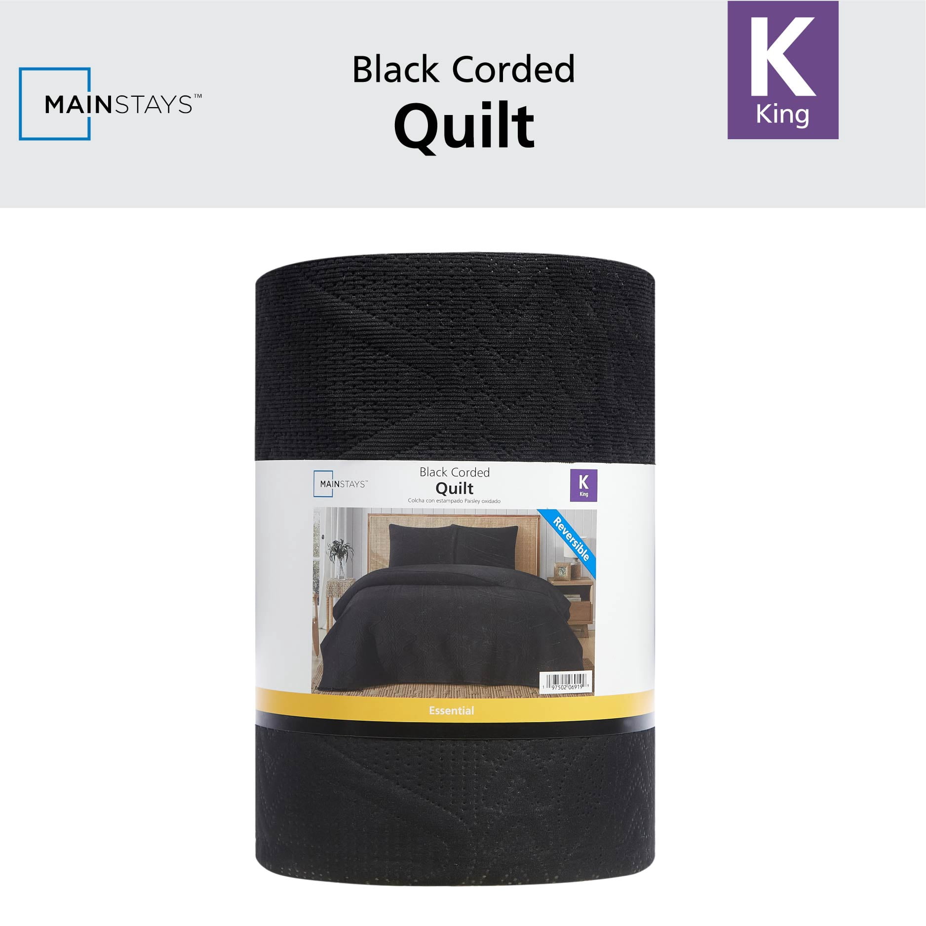 Mainstays Stitched Corded Quilt, Black, King Bedding