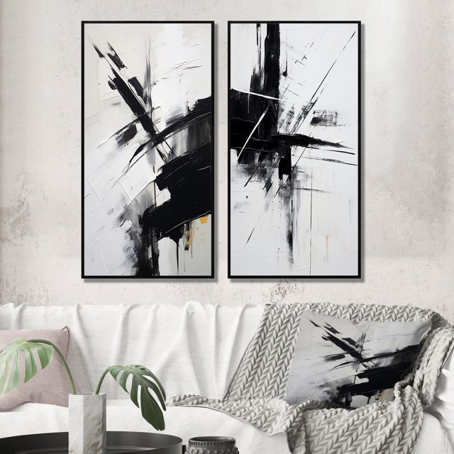 Designart "Beyond Boundaries Minimal Black and White Abstract III" Abstract Painting Framed Wall Art Set Of 2 - Modern Black Frame Gallery Set For Office Decor
