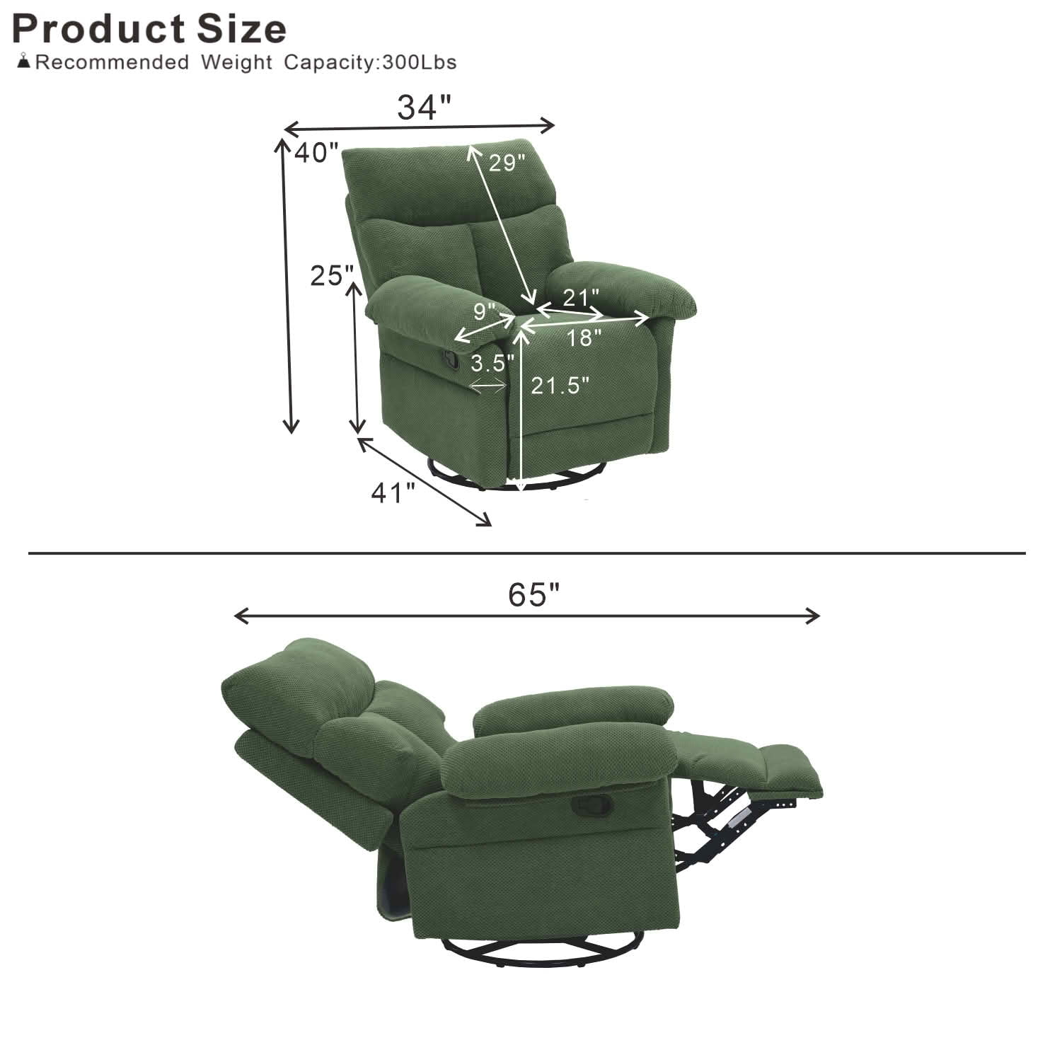 MAYEERTY 41 In Swivel Rocker Recliner, 360 Degree Manual Glider, Overstuffed, Dark Green, 300 lb