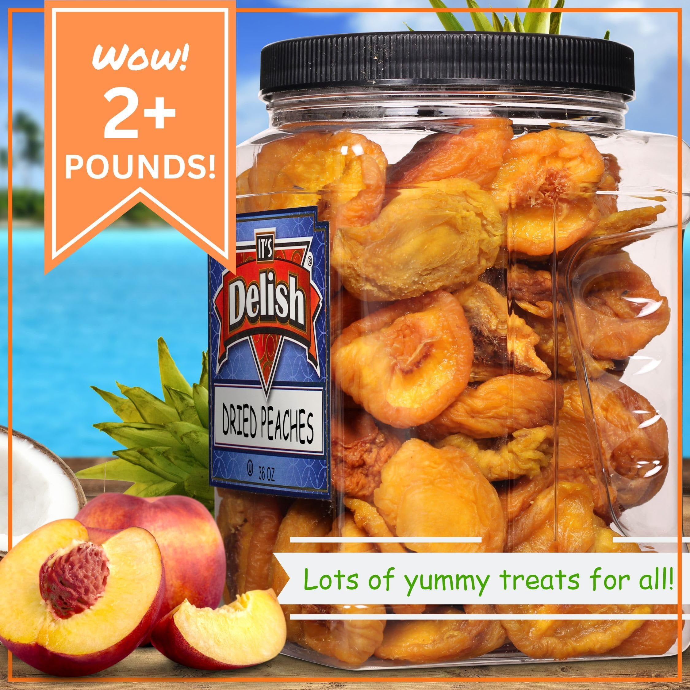 Dried Peaches by It's Delish, 36 OZ Jumbo Reusable Container  Naturally Sweet Peach Slices, No Sugar Added, Bulk Dried Fruit Healthy Snacks Fresh and Dry Sliced Peaches Snack  Vegan, Kosher