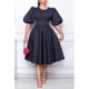 thumbnail image 5 of Vestido informal negro de talla grande para mujer, cuello redondo, manga abullonada, línea A, cuello redondo, corte ajustado, Midi, vestido Formal, 5 of 6