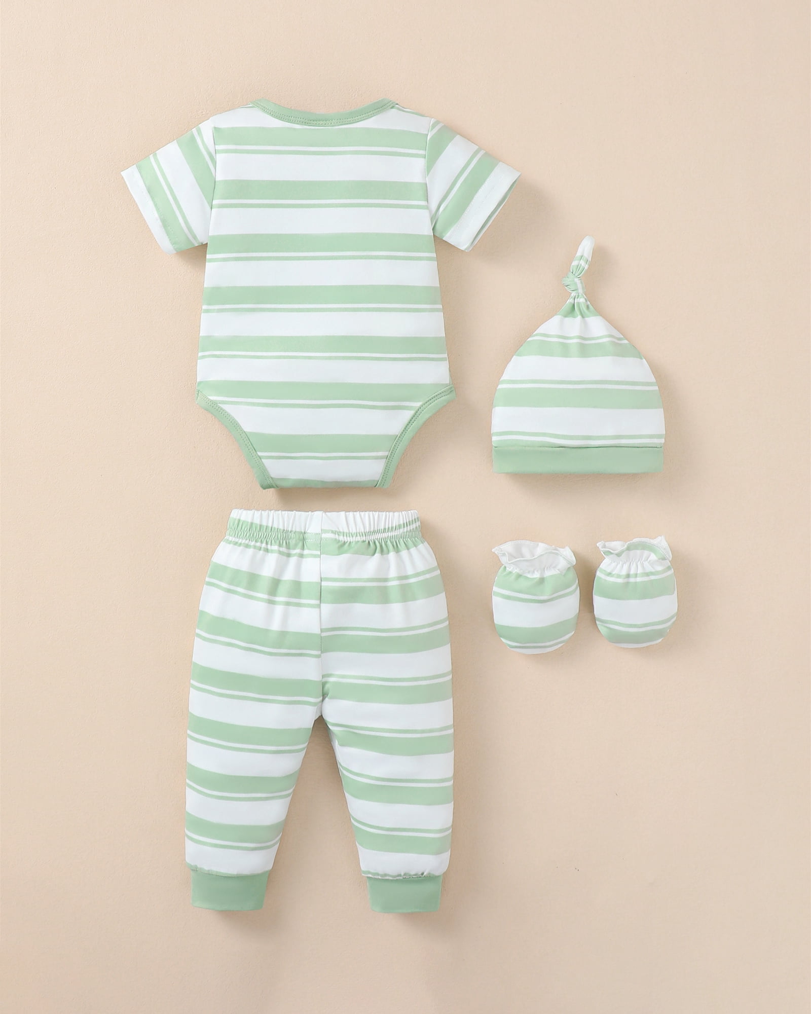 KIMI BEAR Newborn Preemie Baby Boys Layette Set 4 Packs Shower Gift Sets Romper Top Pants Set Short Sleeves Tops Dinosaurs Print Striped Outfits with Bodysuits 15pcs Essential Clothes Green