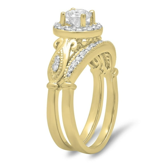 Dazzlingrock Collection 14K Round White Cubic Zirconia Bridal Halo Engagement Ring Set, Yellow Gold, Size 7