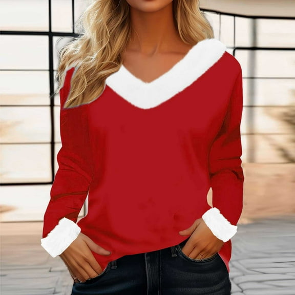 Mgmyaa Women's V-Neck Long Sleeve Fleece Top Casual Blouse Pullover Winter Wear