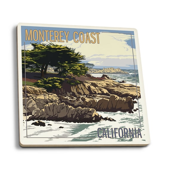 Monterey Coast, California, View of Cypress Trees (Absorbent Ceramic Coasters Set of 4 Matching Images, Cork Back, Kitchen Table Decor)