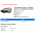 thumbnail image 2 of Left Headlight Assembly - Compatible with 2015 - 2017 BMW X3 Sport Utility 2016, 2 of 2