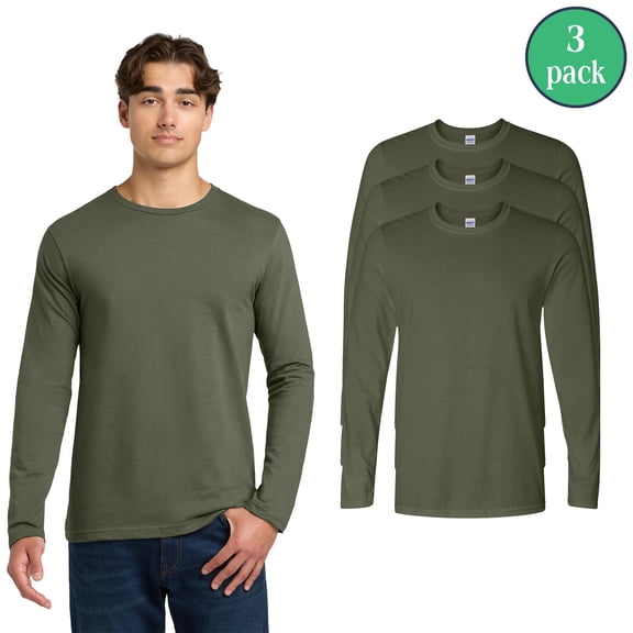 Gildan Adult’s Softstyle Cotton Long Sleeve T-Shirt – 64400, Military Green Bulk 3 Pack, S